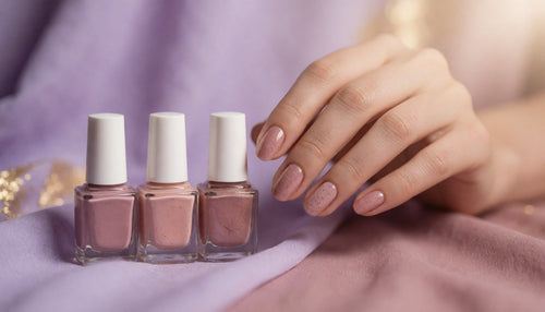 Hand with natural textured nails beside three different types of base coat bottles