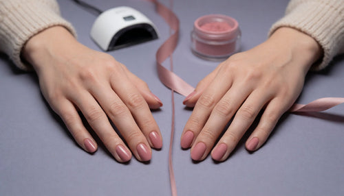 Side-by-side comparison of a gel polish manicure and a dip powder manicure