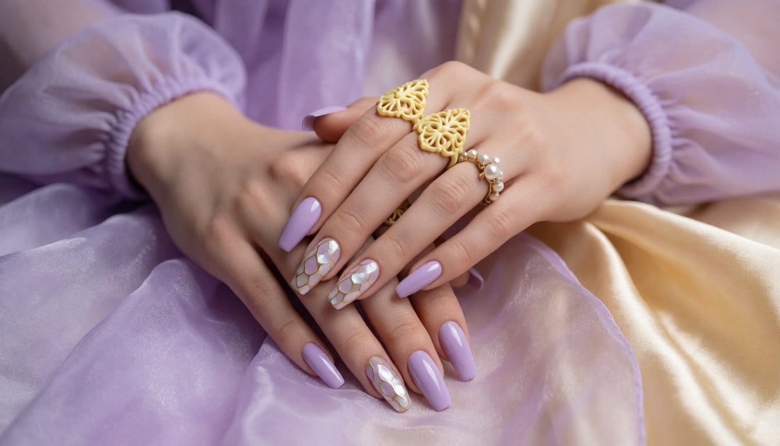 Lavender Pearl Inlay Nails: Mother-of-Pearl Coffin Nail Art