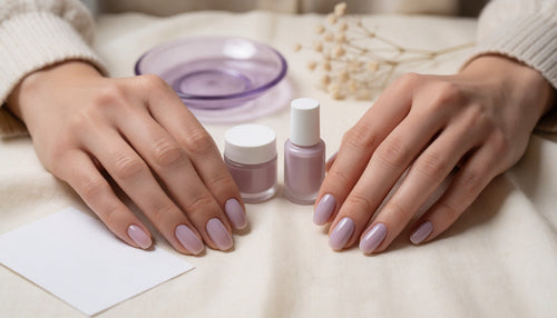 Hands comparing a builder gel overlay and a thin gel polish manicure