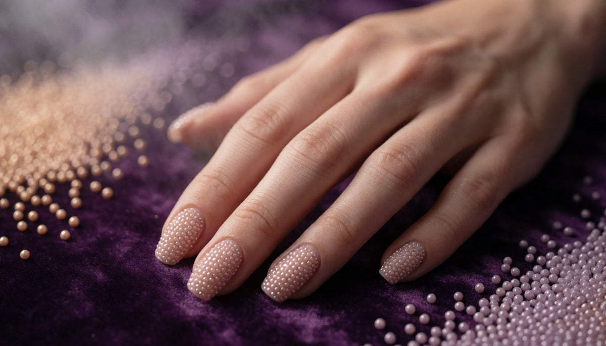 Hand displaying a full set of nude-pink caviar bead textured nails on a velvet surface