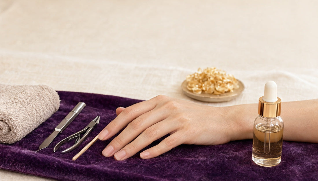 Cuticle pusher, nippers and cuticle oil beside a hand with clean natural nails