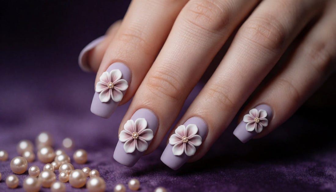 Hand with lavender nails featuring raised three-dimensional sculpted flowers