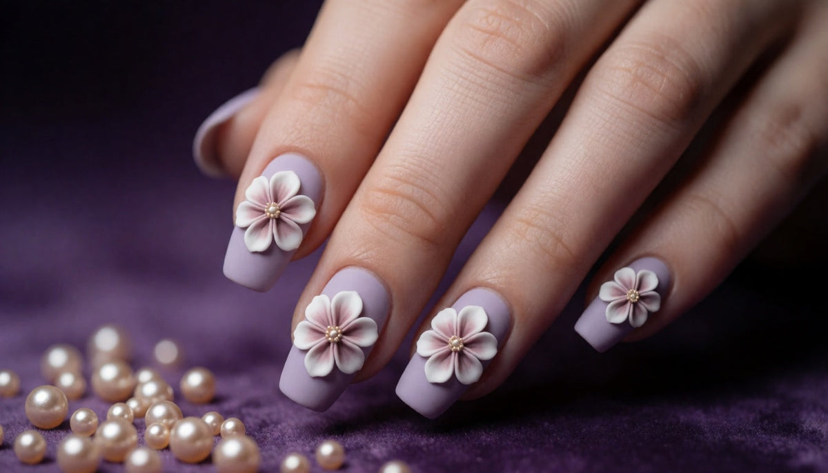 Hand with lavender nails featuring raised three-dimensional sculpted flowers