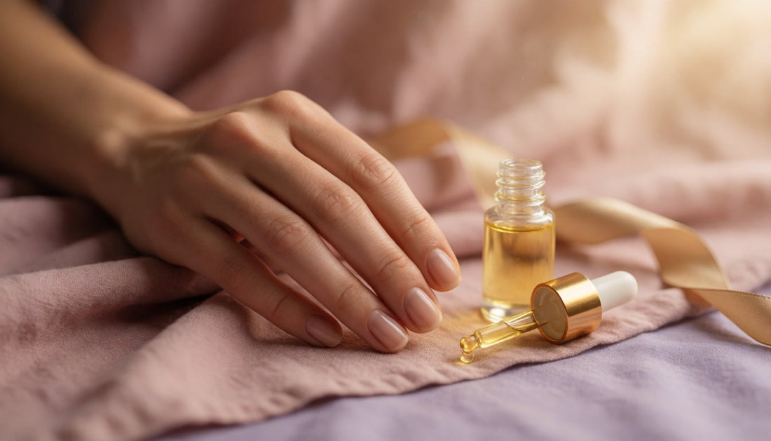 Hand with healthy natural nails beside a dropper bottle of cuticle oil