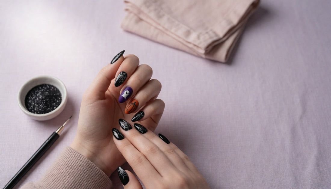Halloween nail set with spiderweb, ghost and pumpkin nail art on black almond nails