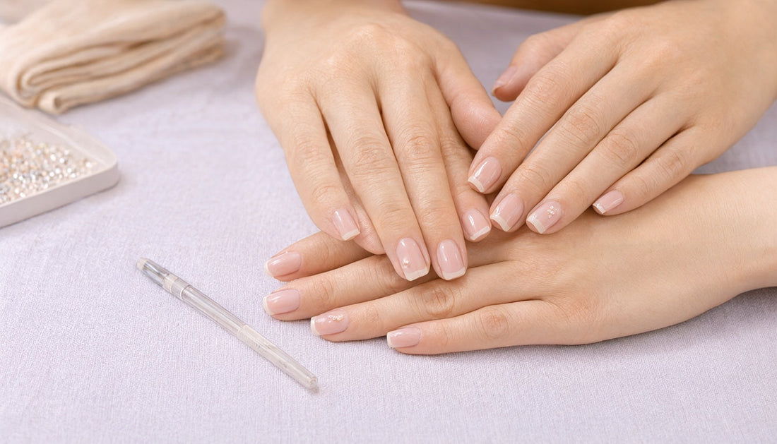 Short squoval nails with delicate nail art including micro French and vertical stripes