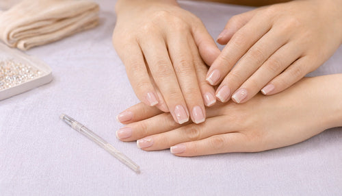 Short squoval nails with delicate nail art including micro French and vertical stripes