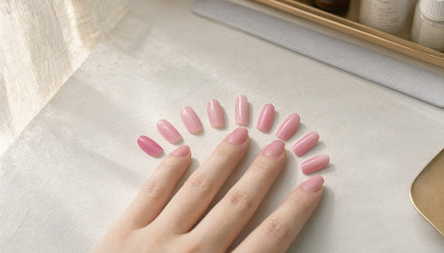 Eight nail shapes from round to stiletto displayed in sheer pink on practice tips