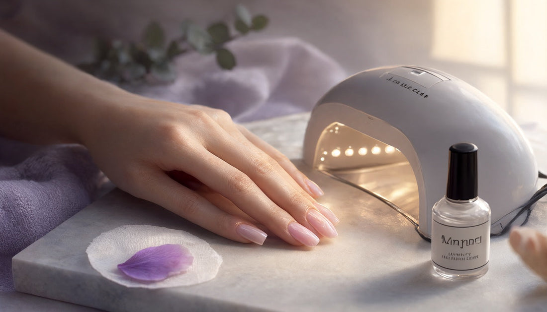Fully cured glossy gel manicure beside an LED lamp, cleanser and top coat