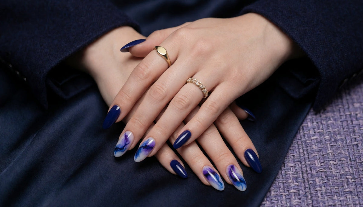 Navy Indigo Marble Nails With Gold Foil Veins for 2026