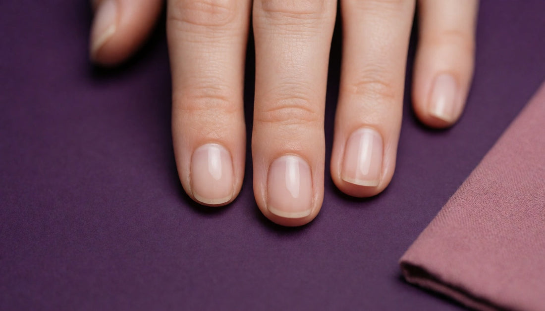 Hand showing one fingernail with visible acrylic lifting at the cuticle beside healthy nails