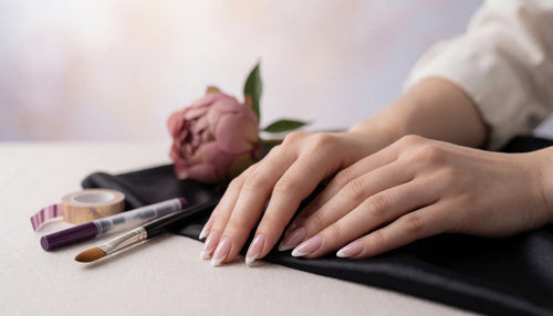 Classic French tip nails with clean white smile lines on sheer pink almond nails