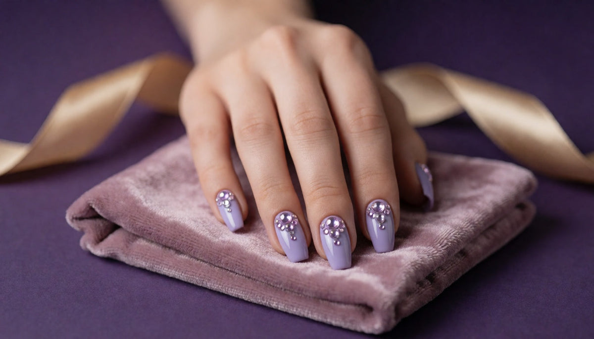 Hand with lavender gel nails featuring graduated clusters of clear and lilac rhinestones