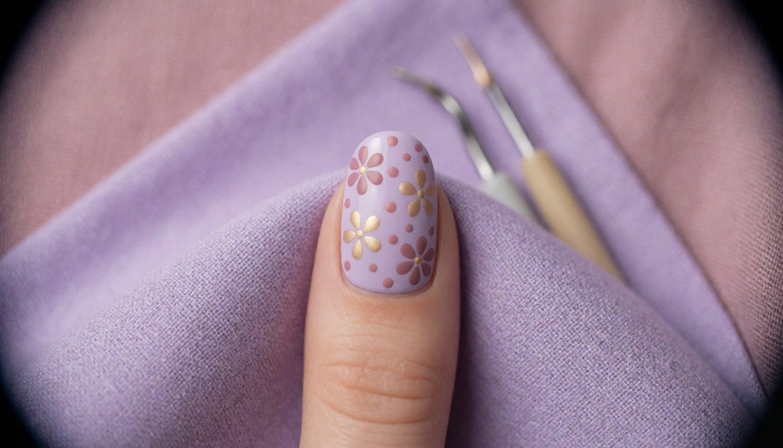 Hand with polka dot and floral nail art created using dotting tools