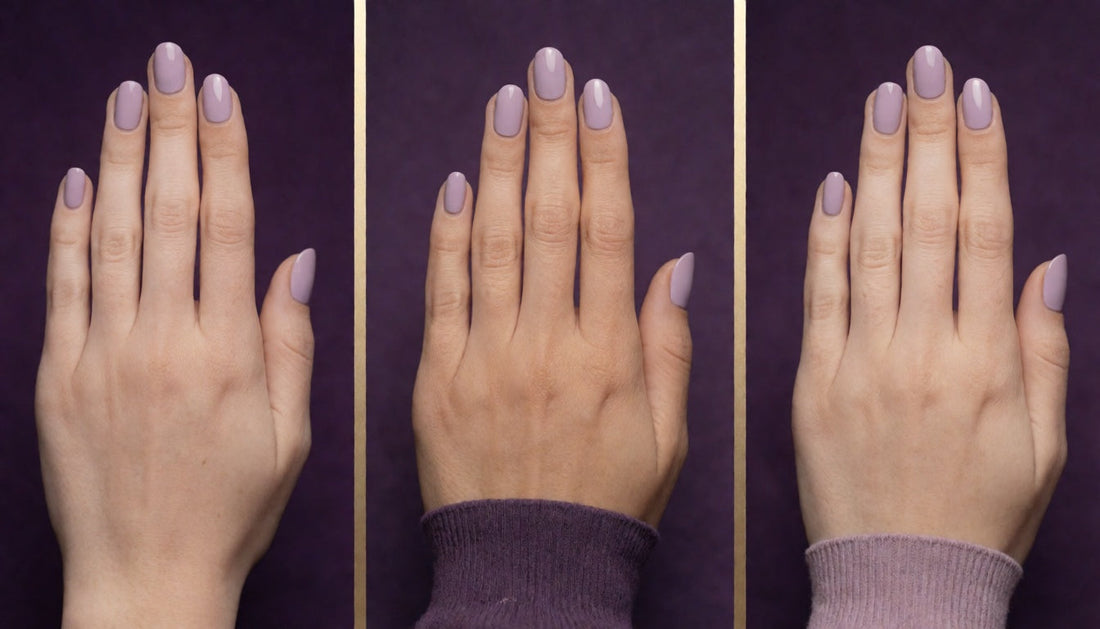 Three hands comparing press-on nails applied with glue, tabs, and adhesive tape