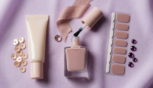 Three nail adhesive options arranged side by side: gel glue, brush-on glue, and adhesive tabs