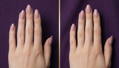 Two hands comparing nail-tip extensions against nail-form extensions in dusty rose polish