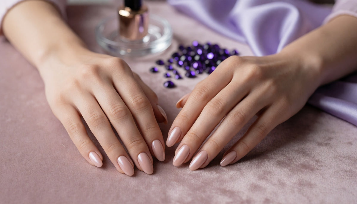 Hands displaying a full set of glossy nude-pink press-on nails styled on a dusty-rose velvet surface