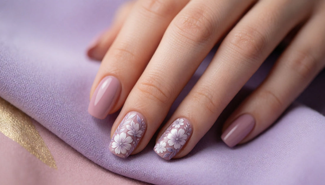 Hand with dusty rose nails featuring smooth, bubble-free floral water decals