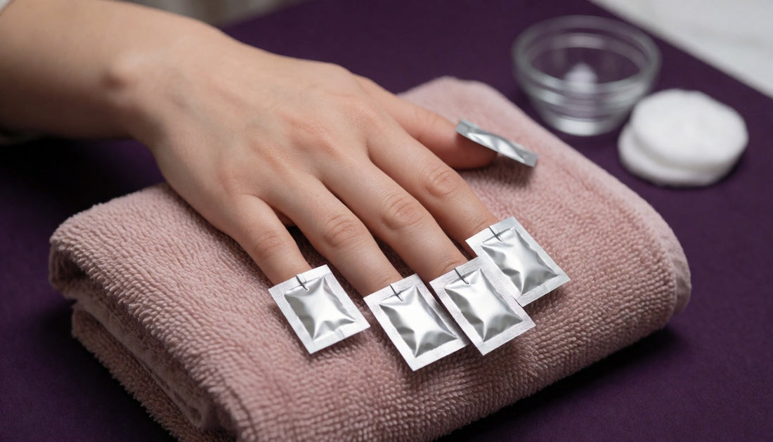 Hand with fingertips wrapped in foil packets for an at-home acetone soak-off