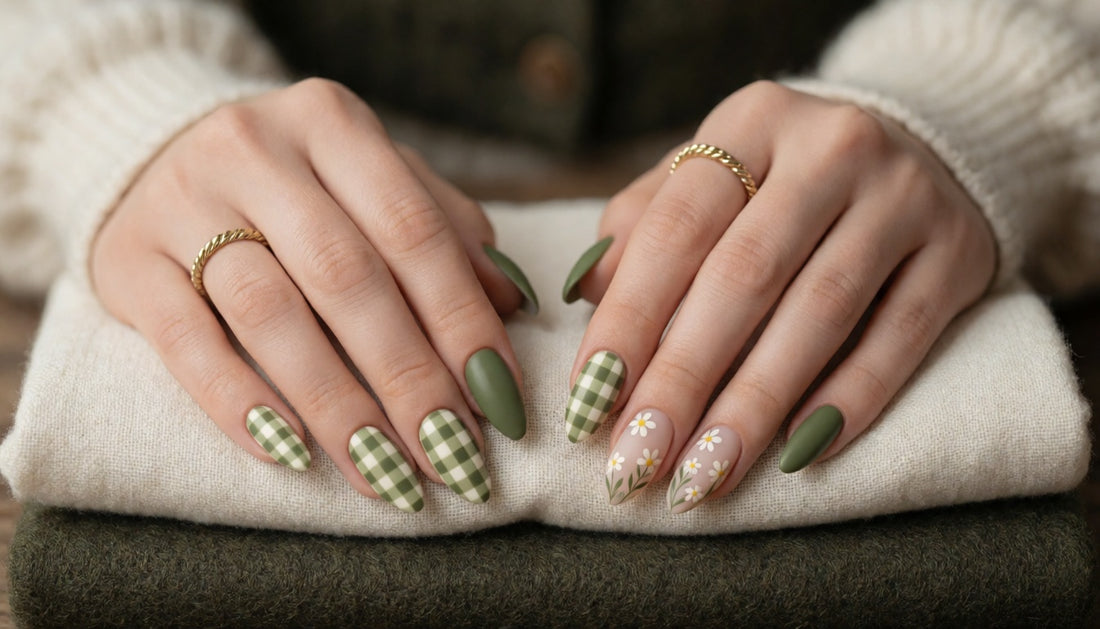 Matte Olive Gingham Nails: 2026's Cottagecore Spring Trend