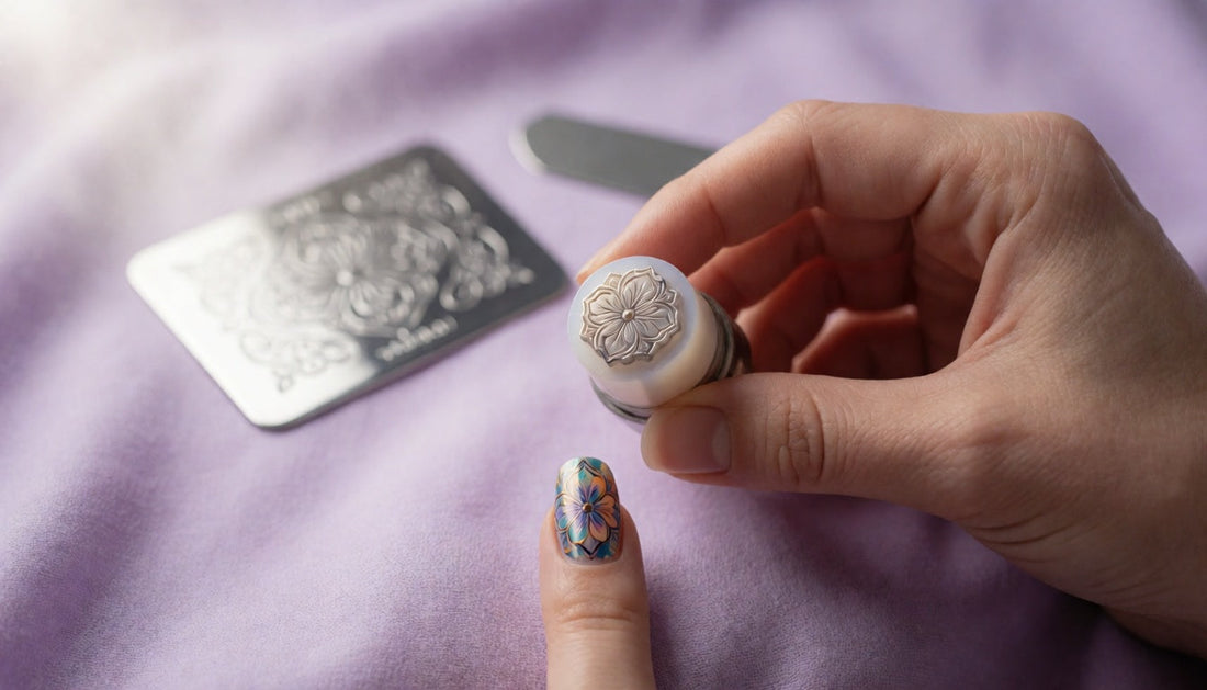 Silicone stamper holding a floral design poised above a nail before transfer