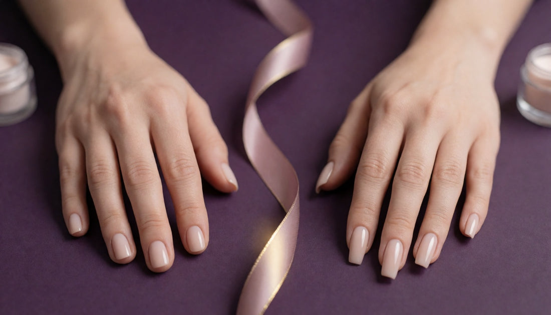 Side-by-side comparison of poly gel and acrylic nail extensions on two hands
