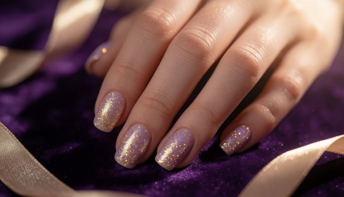 Hand with fully and evenly glitter-covered nails in gold and lavender tones