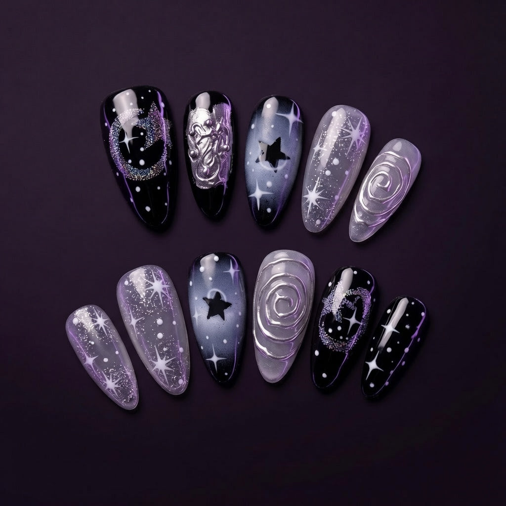 Celestial Star Almond Press-On Nails, Black & Silver