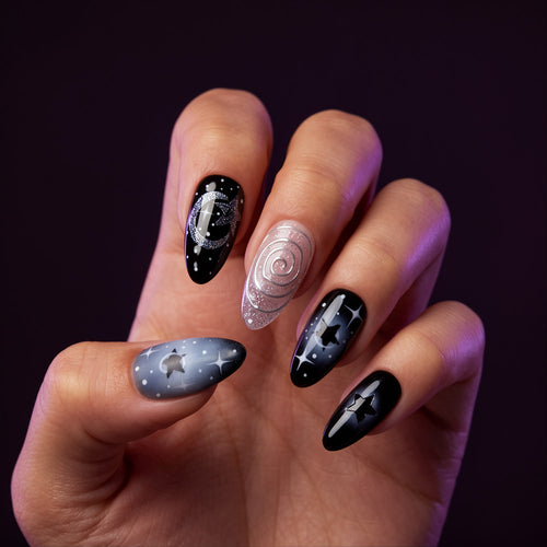 Celestial Star Almond Press-On Nails, Black & Silver