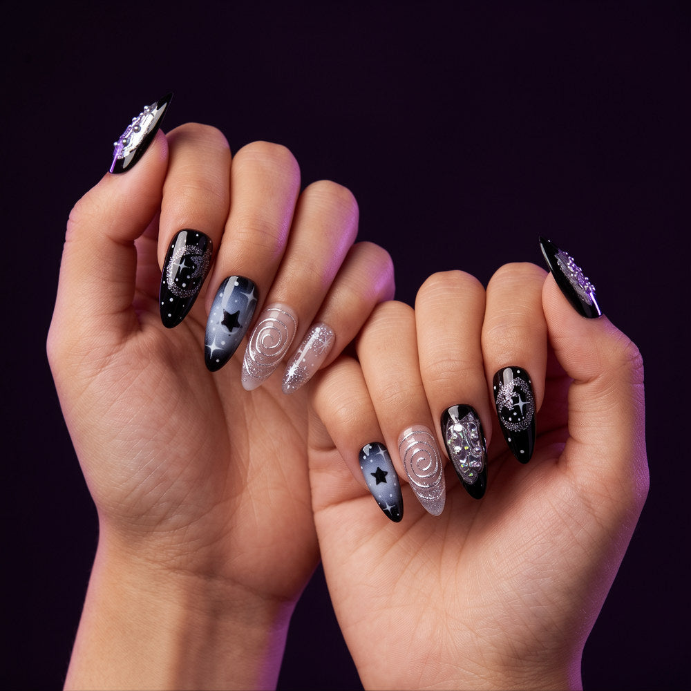 Celestial Star Almond Press-On Nails, Black & Silver
