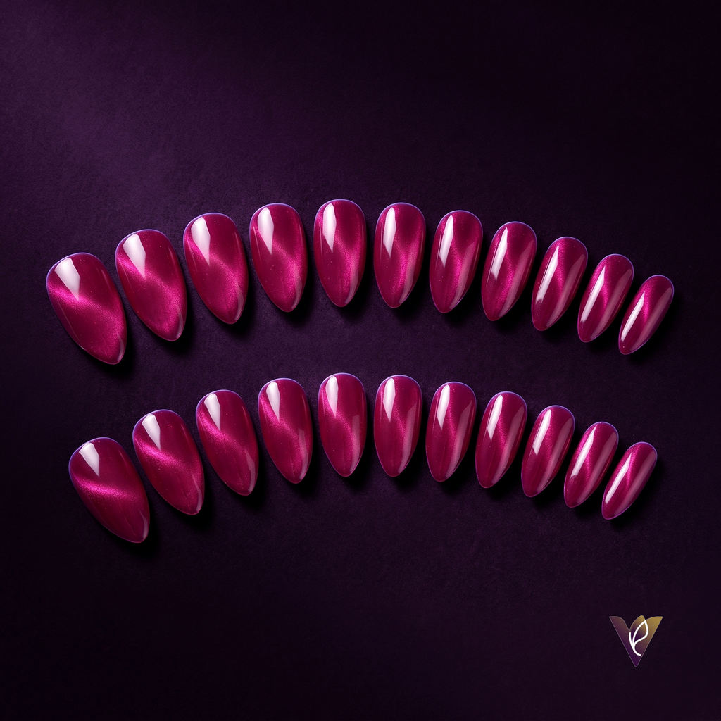 Rose Red Cat Eye Press-On Nails | Almond Stiletto Shimmer Set