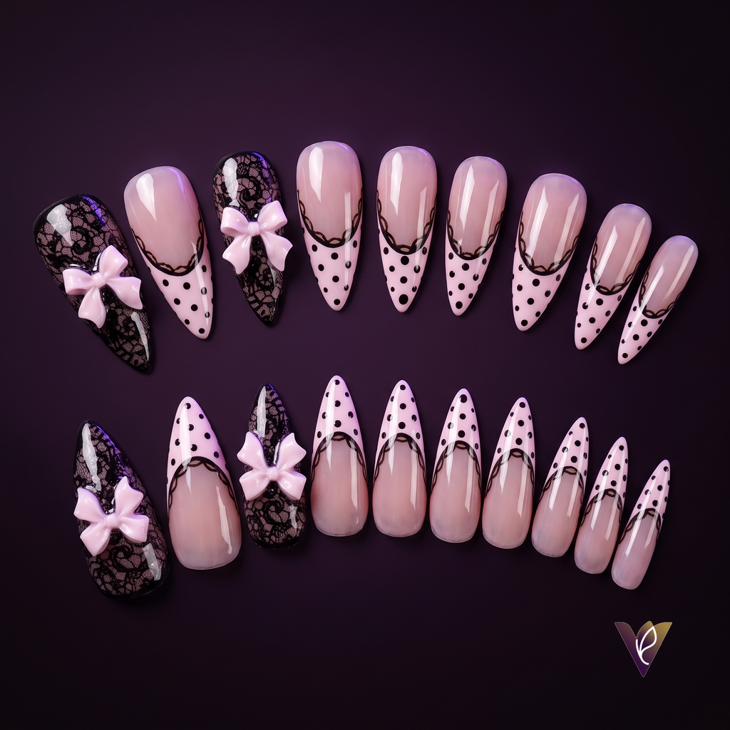Pink Lace Polka Dot Almond Press-On Nails with Bowknot