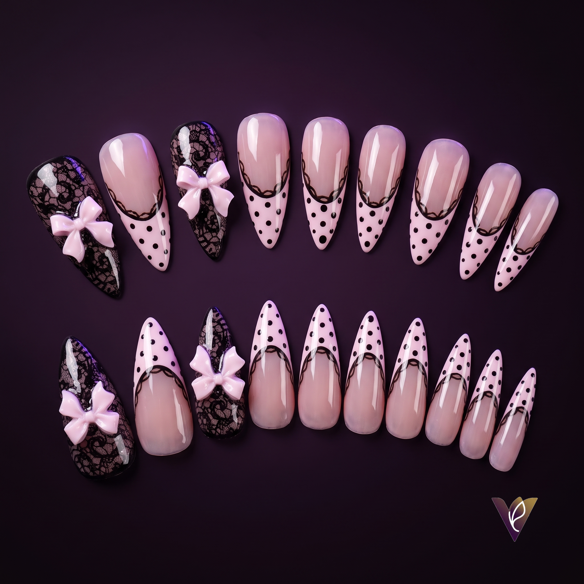 Pink Lace Polka Dot Almond Press-On Nails with Bowknot