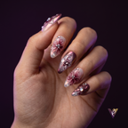 Wine Red 3D Floral Almond Press-On Nails, Blush Iridescent