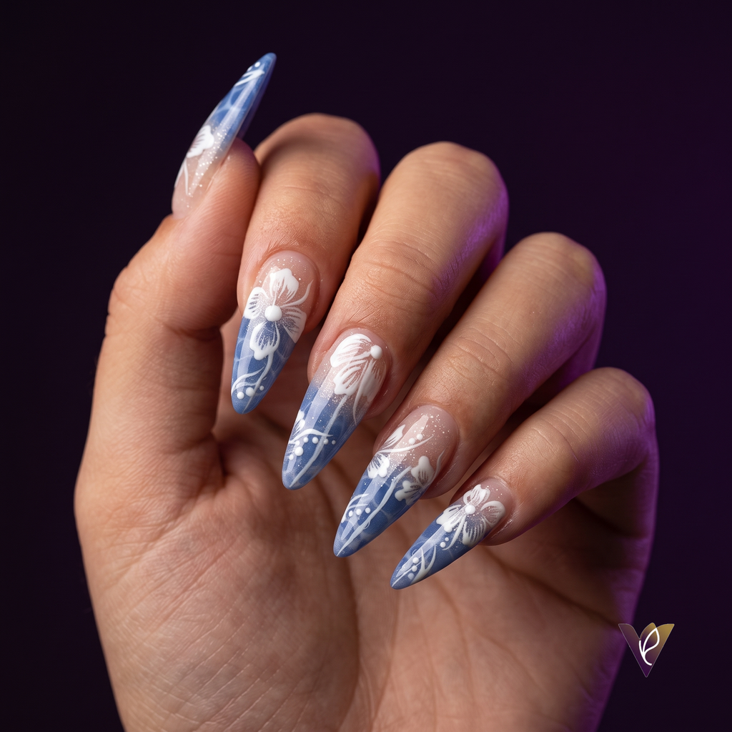 Blue Floral Ombre Coffin Press-On Nails, Mid-Length