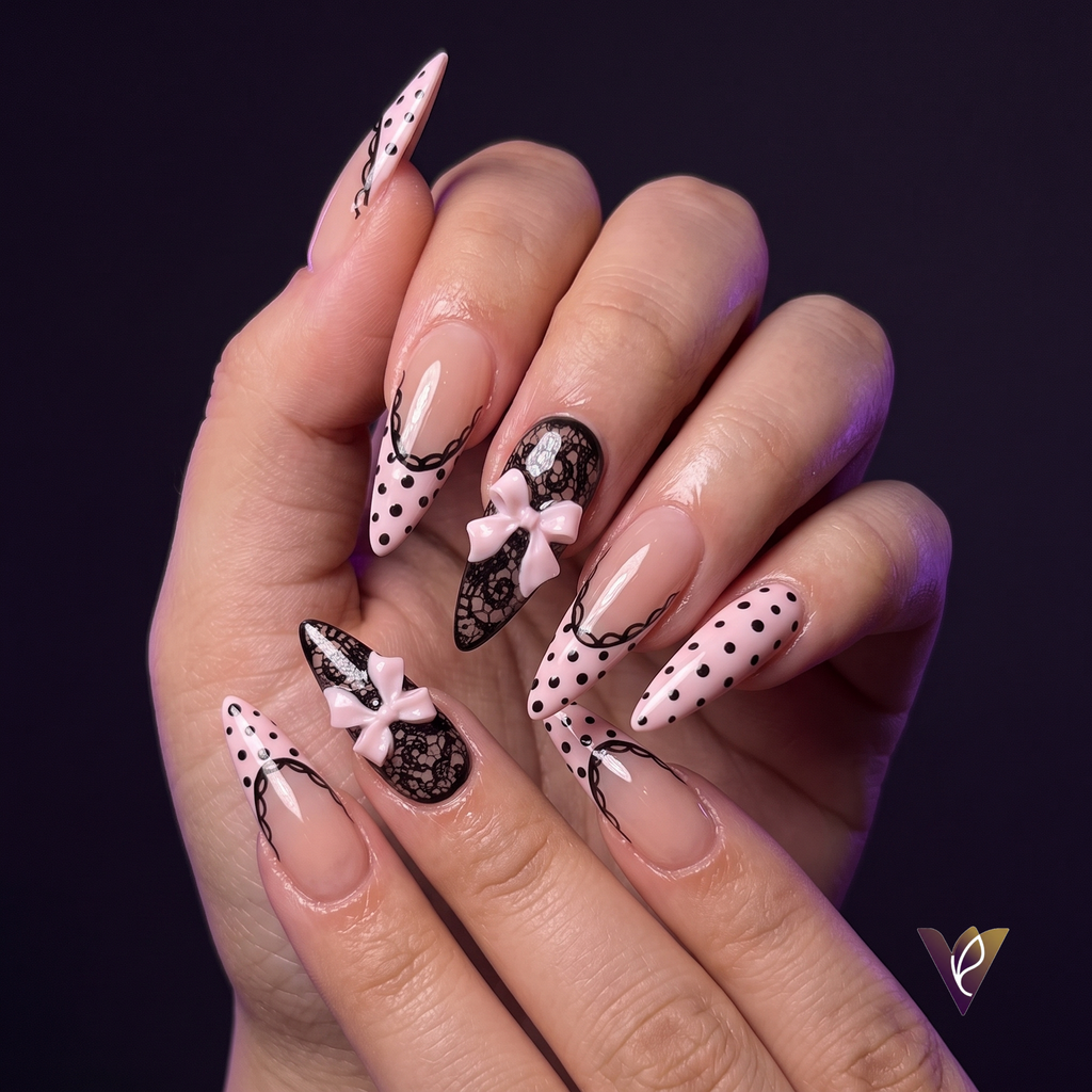 Pink Lace Polka Dot Almond Press-On Nails with Bowknot