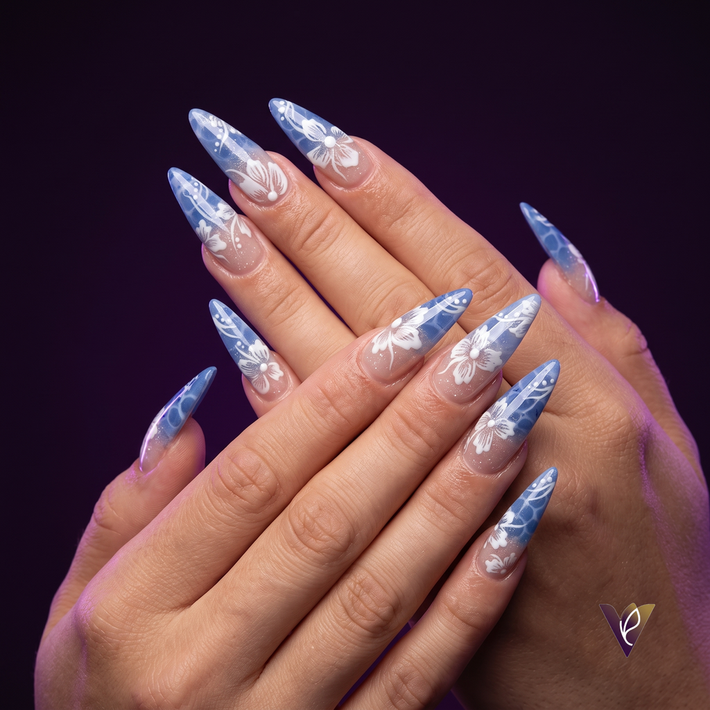 Blue Floral Ombre Coffin Press-On Nails, Mid-Length
