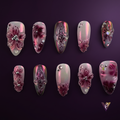Wine Red 3D Floral Almond Press-On Nails, Blush Iridescent