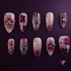 Wine Red 3D Floral Almond Press-On Nails, Blush Iridescent