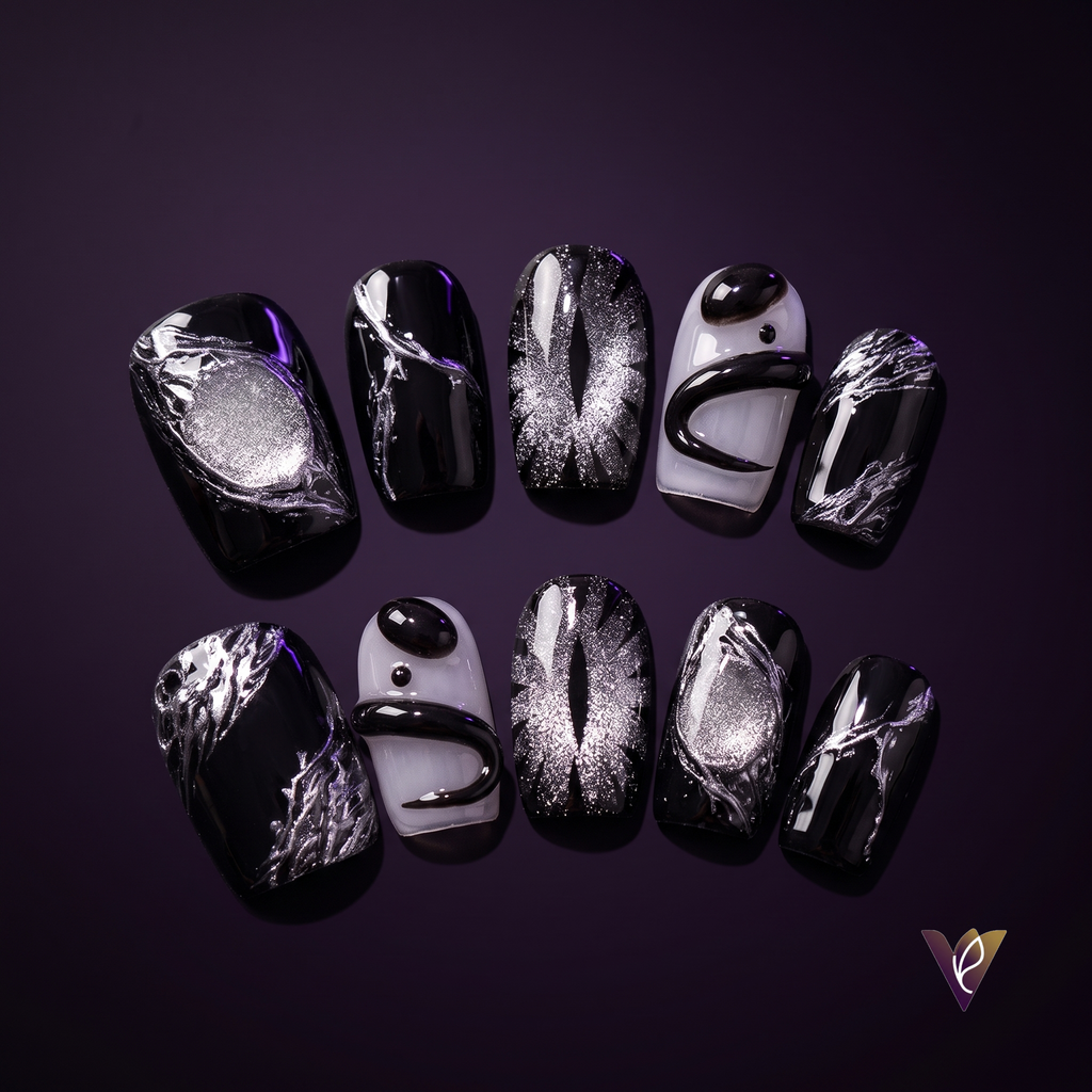 Midnight Cat Eye Press-On Nails | Black & Silver Marble Short Square Set