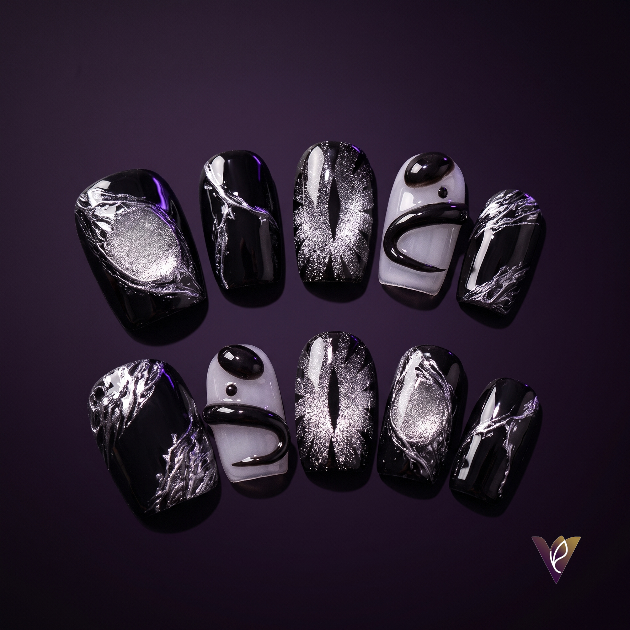 Midnight Cat Eye Press-On Nails | Black & Silver Marble Short Square Set