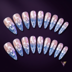 Blue Floral Ombre Coffin Press-On Nails, Mid-Length