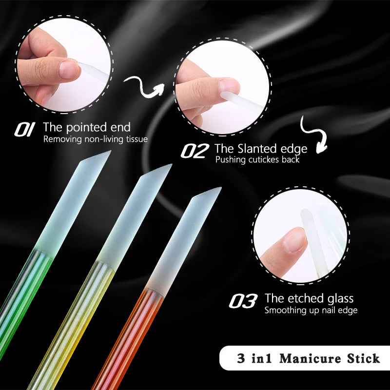 Glass Cuticle Pusher Set – Double-Sided Crystal Glass Nail Tools, 3 Pieces