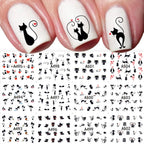 Full Beauty Black Cat & Heart Nail Water Stickers – Valentine's Cartoon Decals