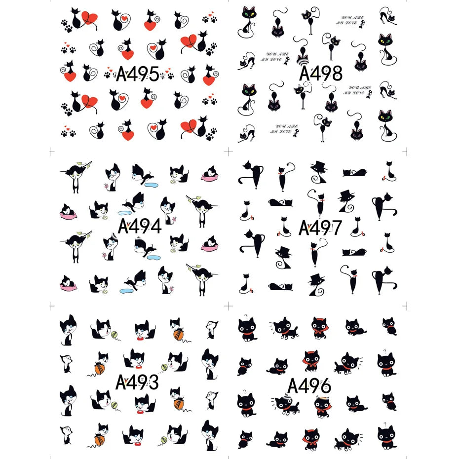 Full Beauty Black Cat & Heart Nail Water Stickers – Valentine's Cartoon Decals
