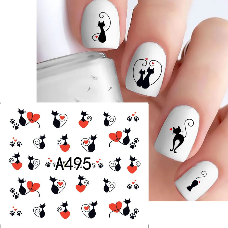 Full Beauty Black Cat & Heart Nail Water Stickers – Valentine's Cartoon Decals