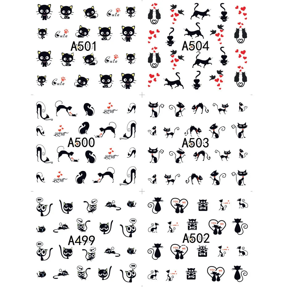 Full Beauty Black Cat & Heart Nail Water Stickers – Valentine's Cartoon Decals