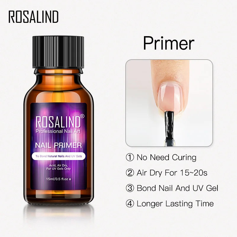 ROSALIND 15ML Nail Dehydrator Gel Polish Nail Primer No Need Curing Air Dry For Nails Art Base Top Coat Long Lasting Gel Lacquer